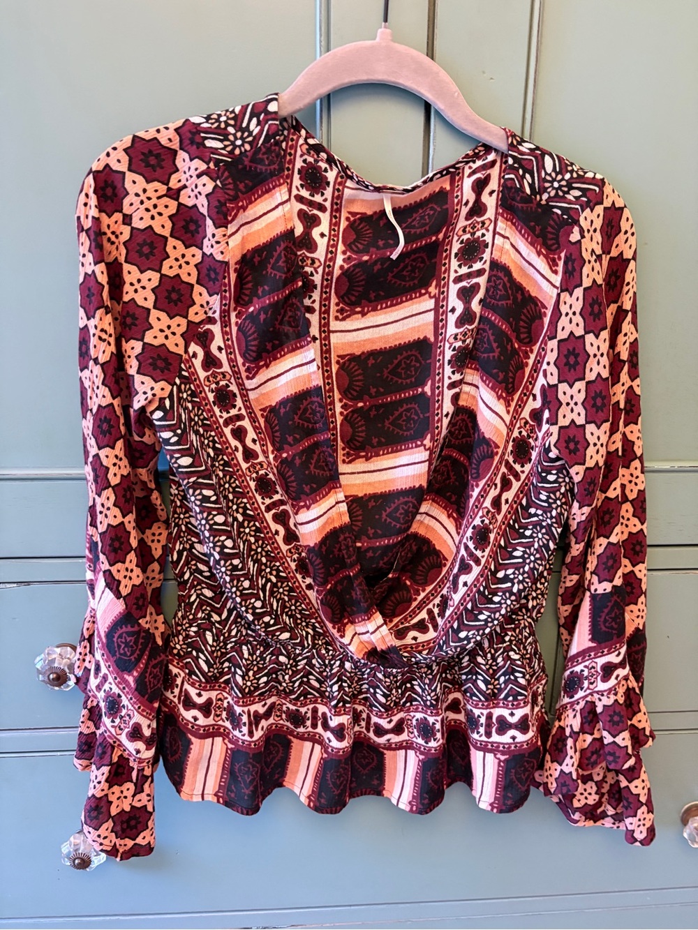 Free People Mixed Print Wrap-Style Blouse in Burgundy and Blush